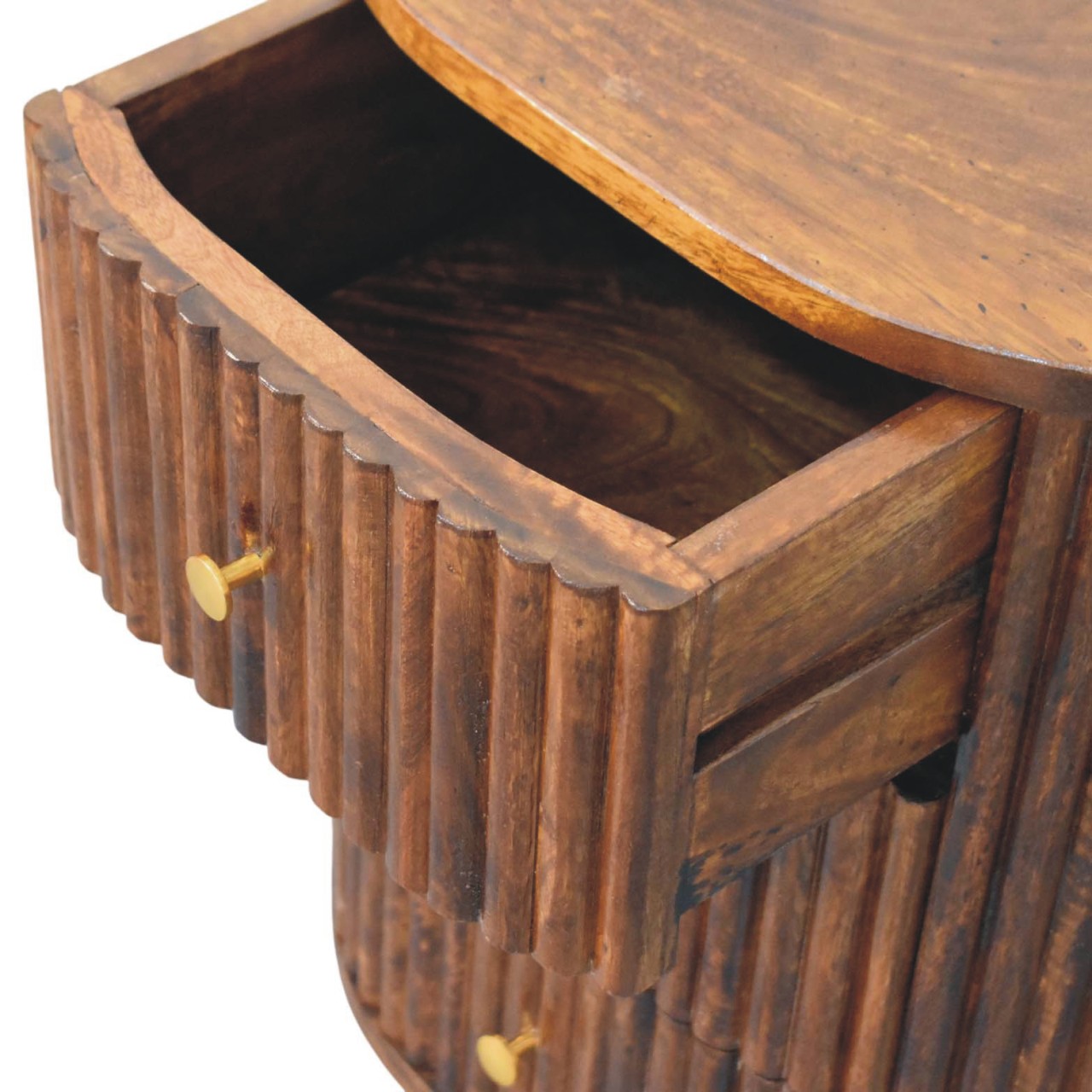 Solid Mango Wood Chestnut Finished Curved Fluted Bedside Chest - Image 5