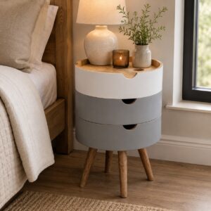 Solid Mango Wood Oak Finished 3 Drawer Grey Hand Painted Bedside