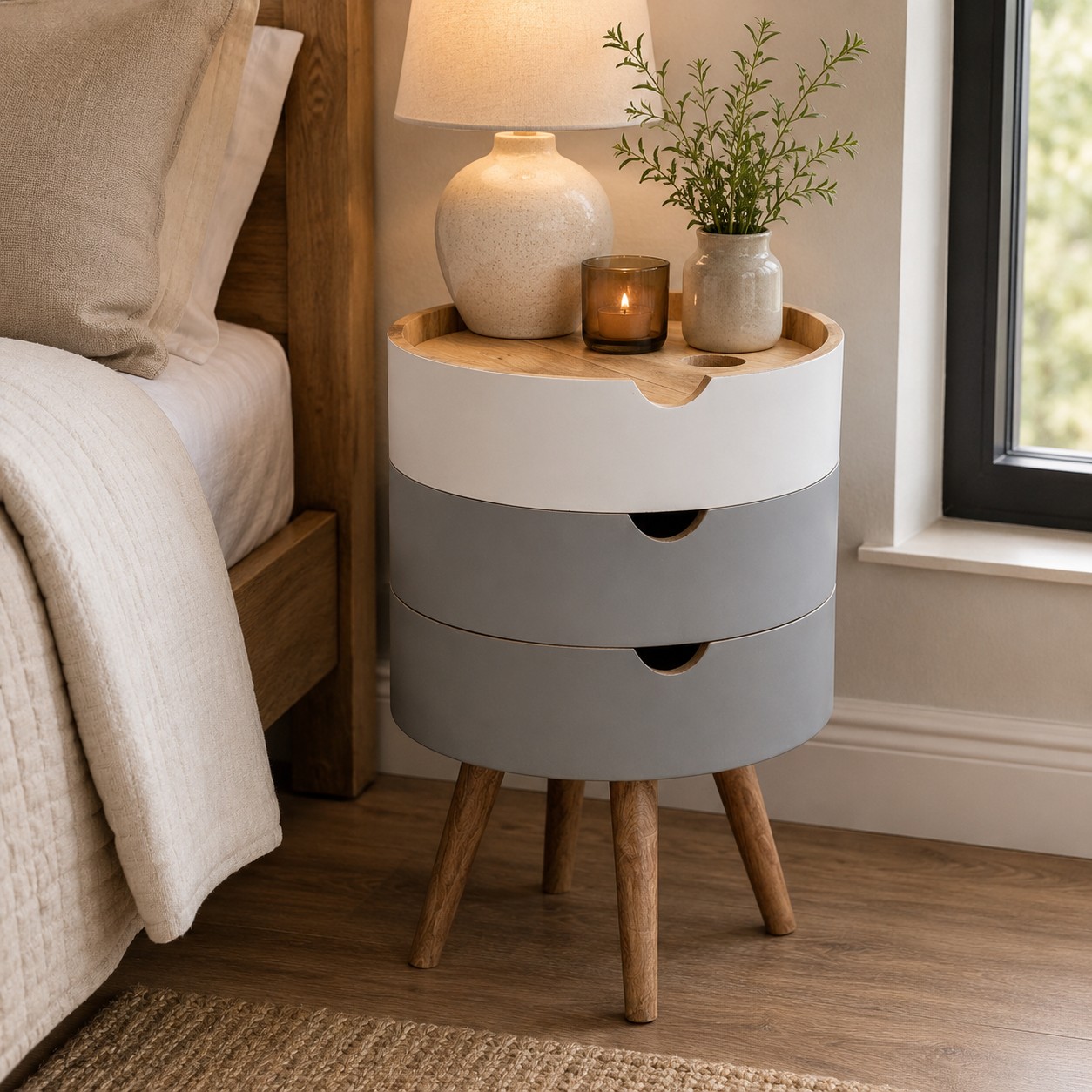 Solid Mango Wood Oak Finished 3 Drawer Grey Hand Painted Bedside