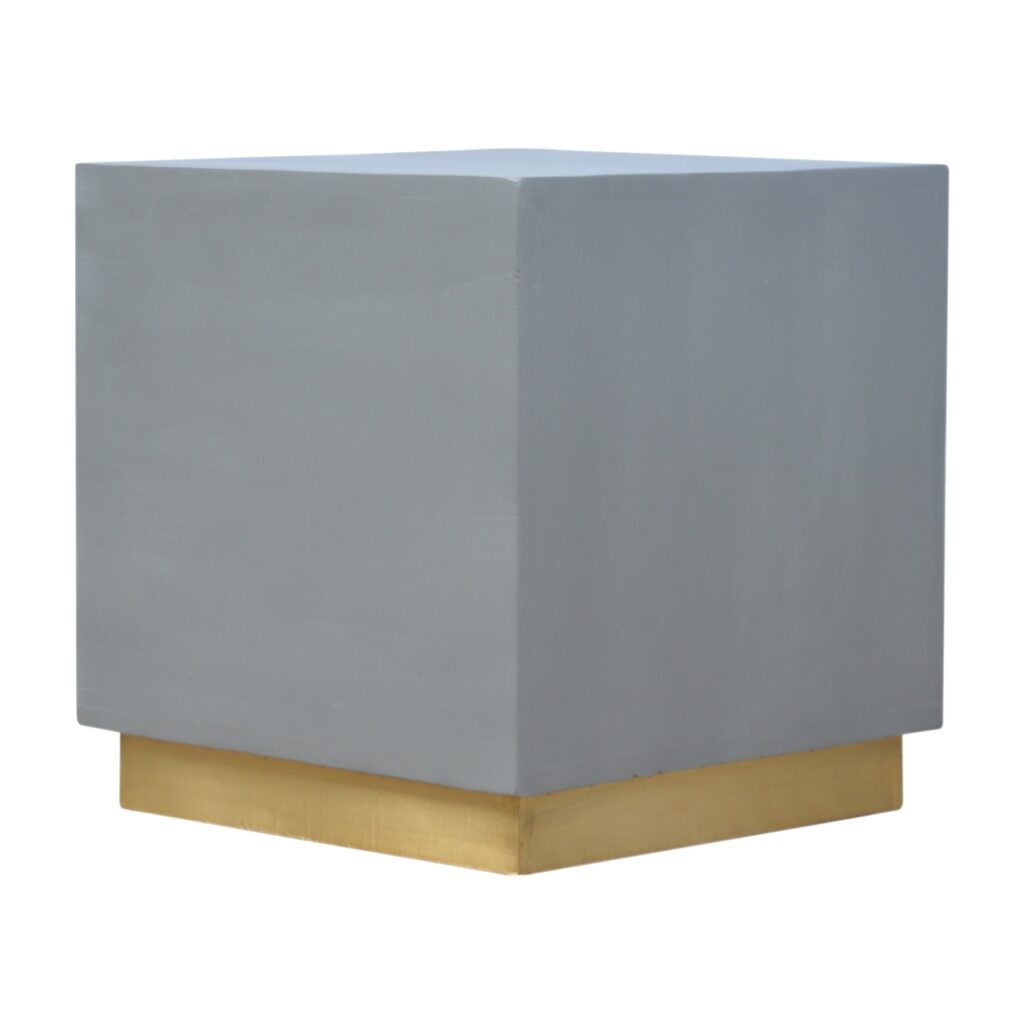 Solid Mango Wood Natural Finish Cement Footstool with Gold Base