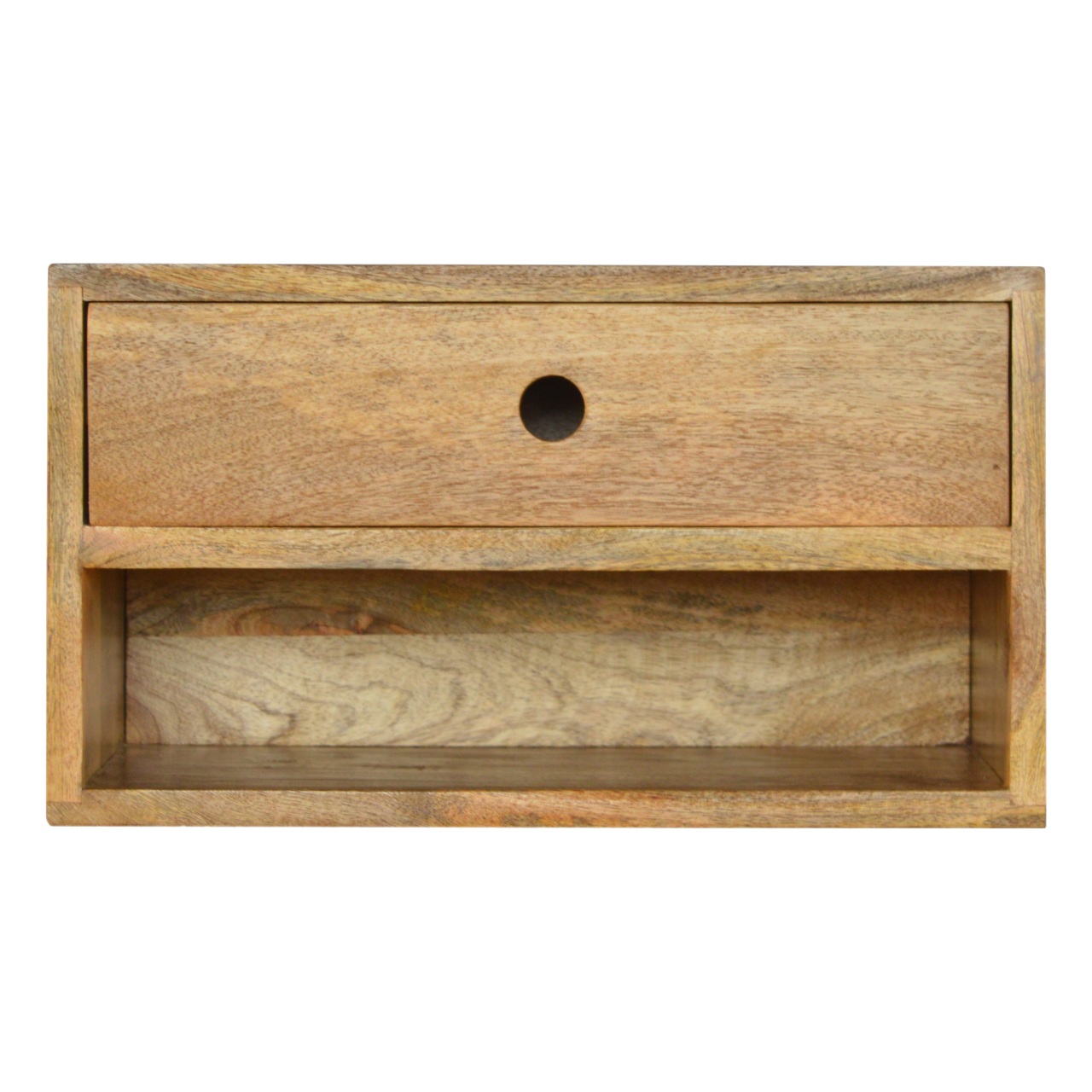 Solid Mango Wood Oak Finished 1 Drawer 1 Slot Wall Mounted Bedside
