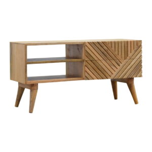 Solid Mango Wood Mango Wood Scandinavian Style 2 Drawer Lined Design Media Unit