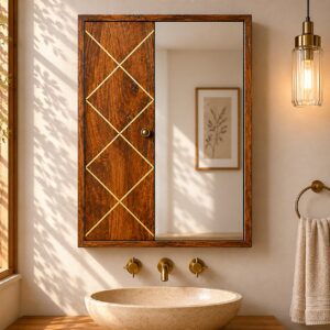 Solid Mango Wood Solid Chestnut & Brass Inlay Finished with Mirrored Door Cabinet