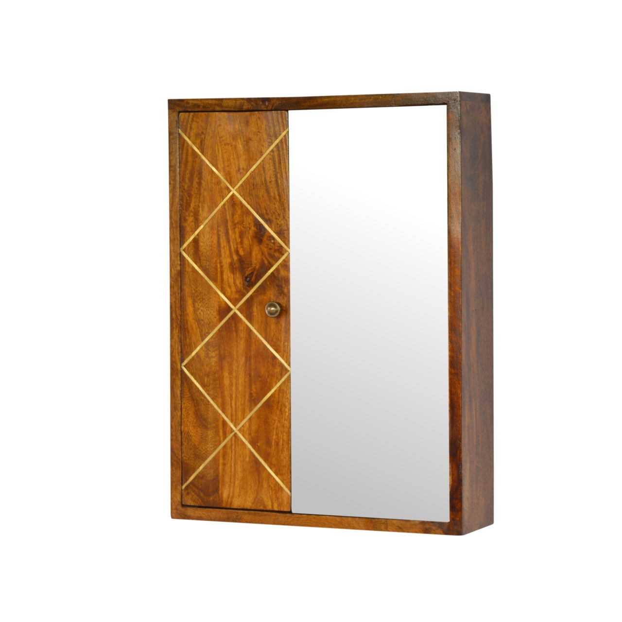 Solid Mango Wood Solid Chestnut & Brass Inlay Finished with Mirrored Door Cabinet - Image 2