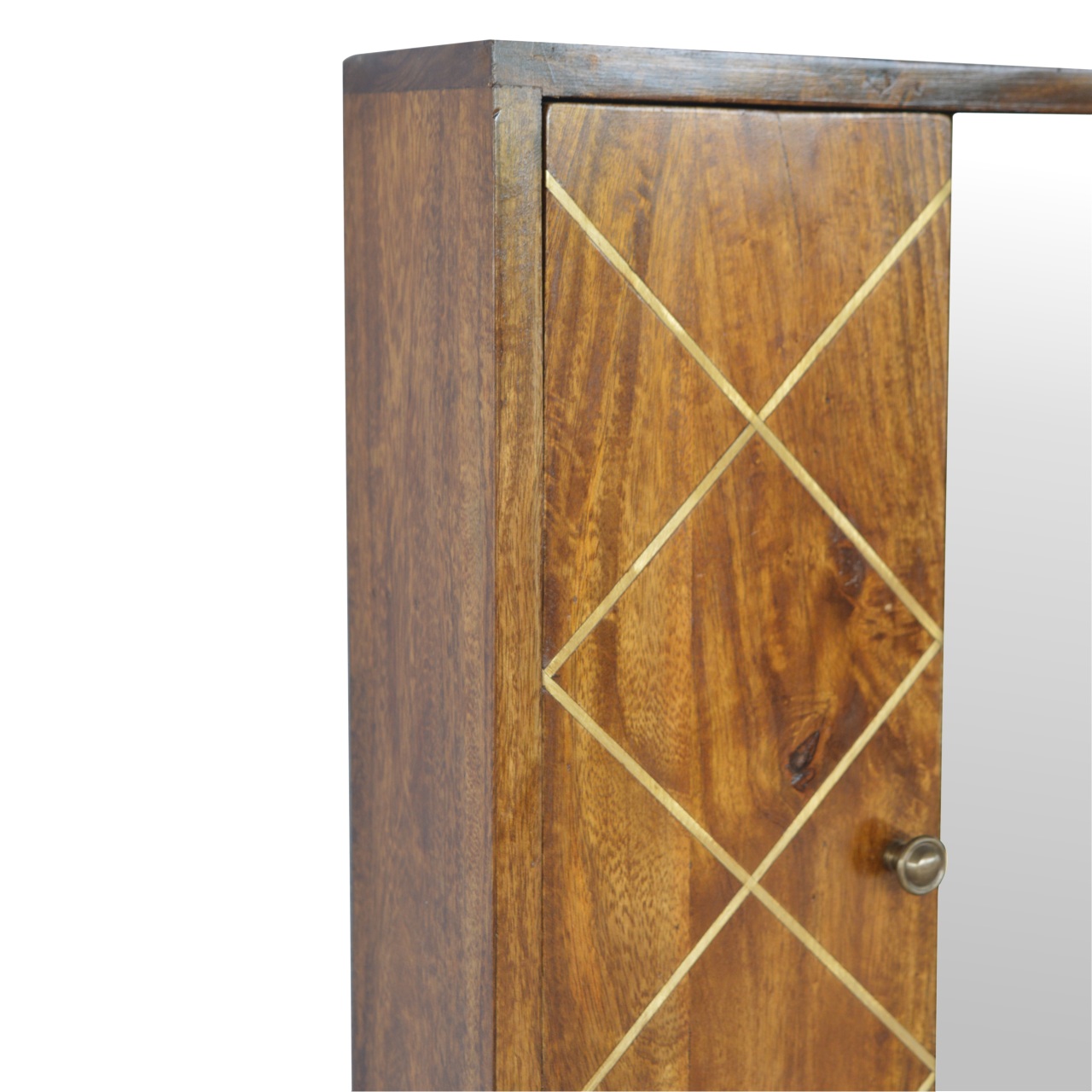 Solid Mango Wood Solid Chestnut & Brass Inlay Finished with Mirrored Door Cabinet - Image 3