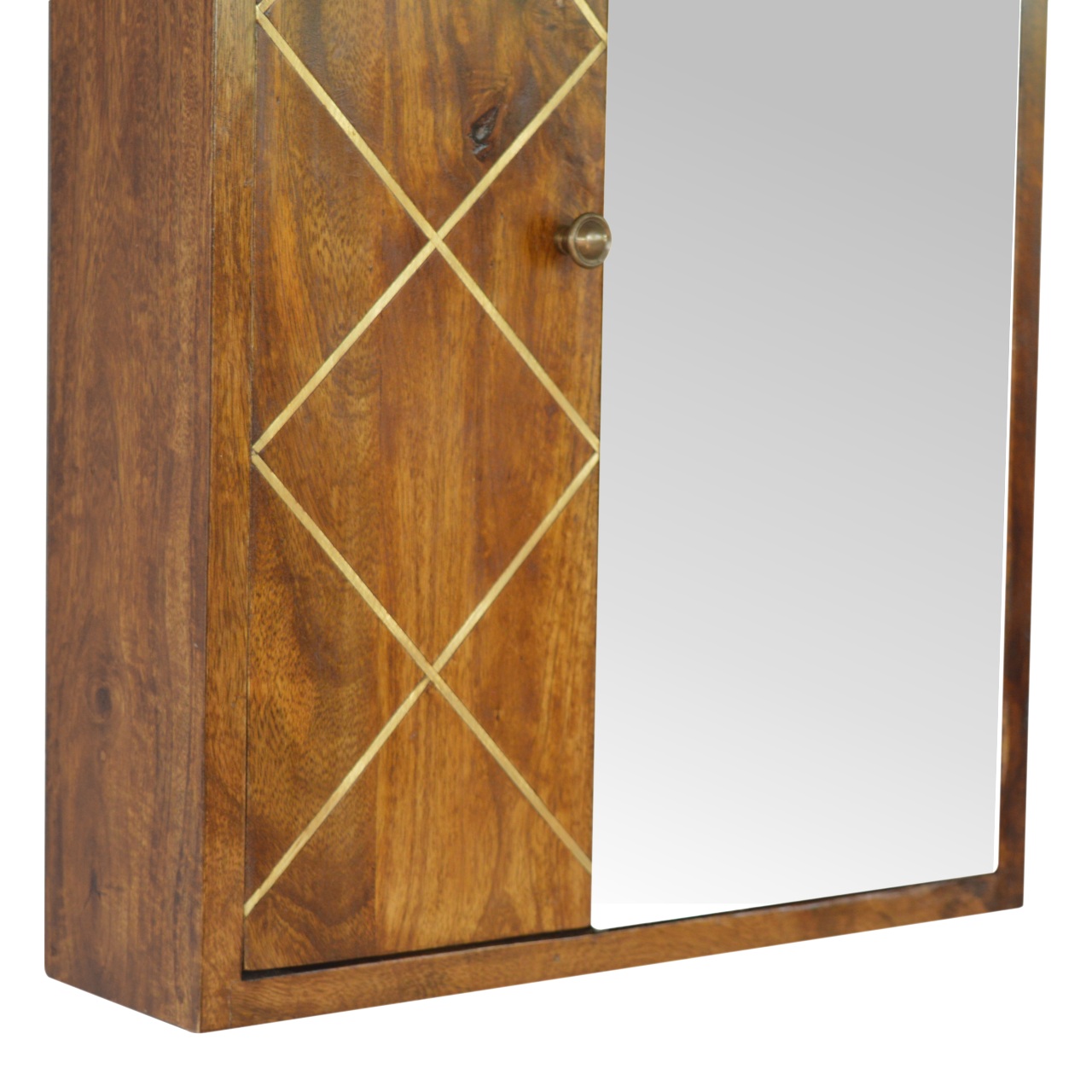 Solid Mango Wood Solid Chestnut & Brass Inlay Finished with Mirrored Door Cabinet - Image 5