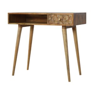 Solid Mango Wood Oak Finished Diamond Carved Writing Desk With 1 Drawer & 1 Slot