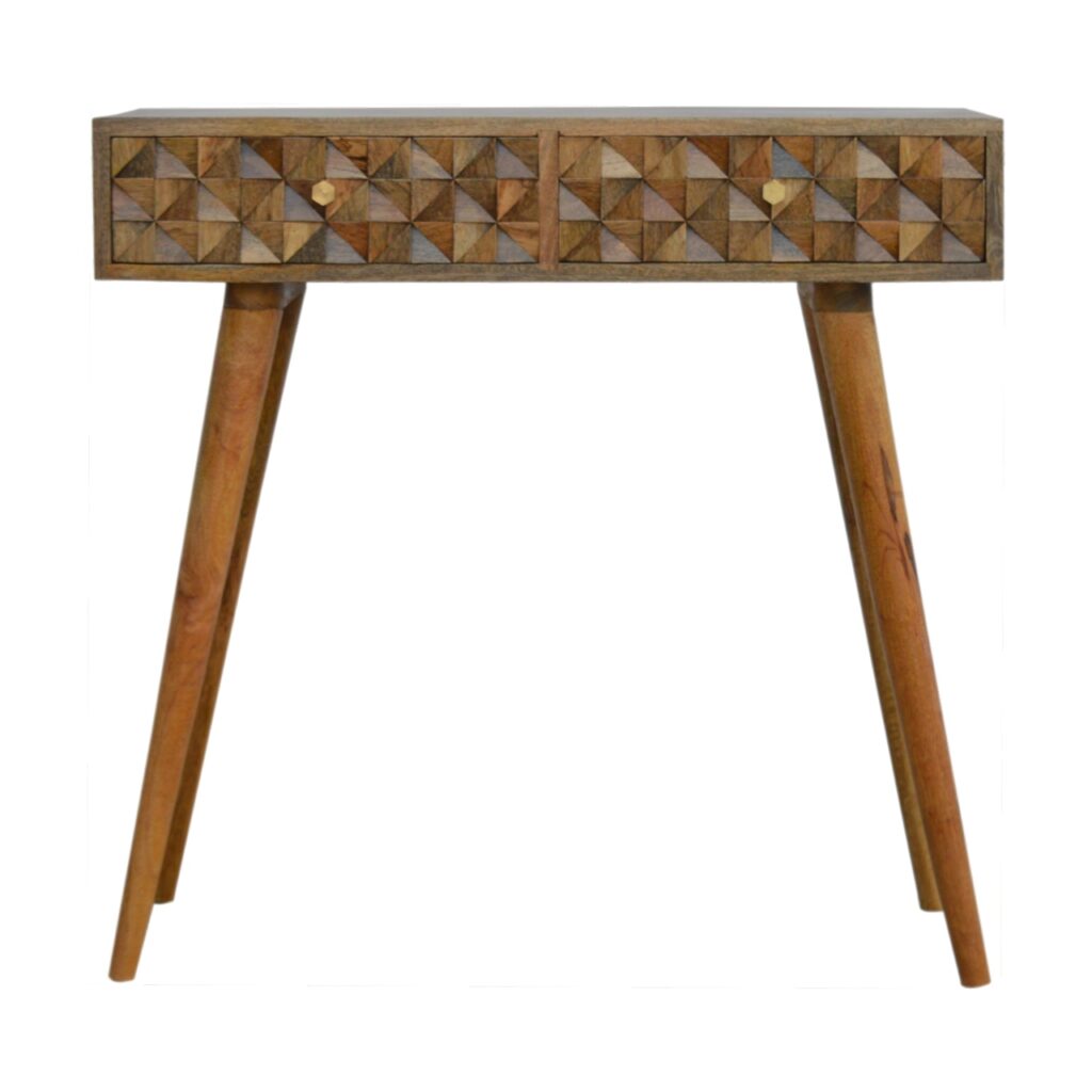 Solid Mango Wood Oak Finished 2 Drawer Diamond Carved Console Table