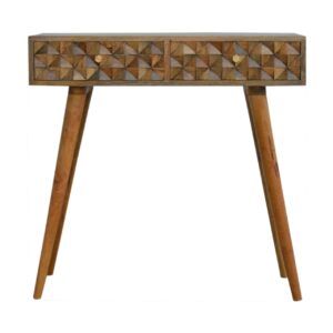 Solid Mango Wood Oak Finished 2 Drawer Diamond Carved Console Table