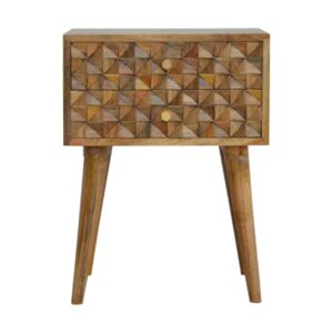 Solid Mango Wood Oak Finished 2 Drawer Diamond Carved Bedside