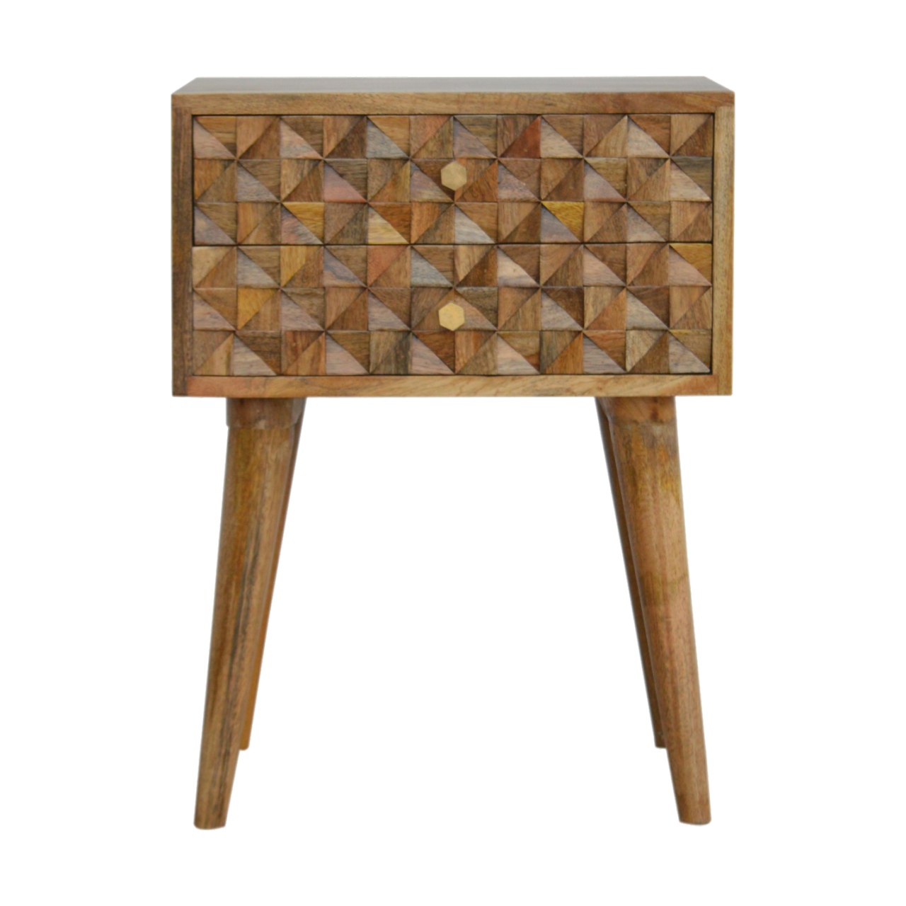 Solid Mango Wood Oak Finished 2 Drawer Diamond Carved Bedside