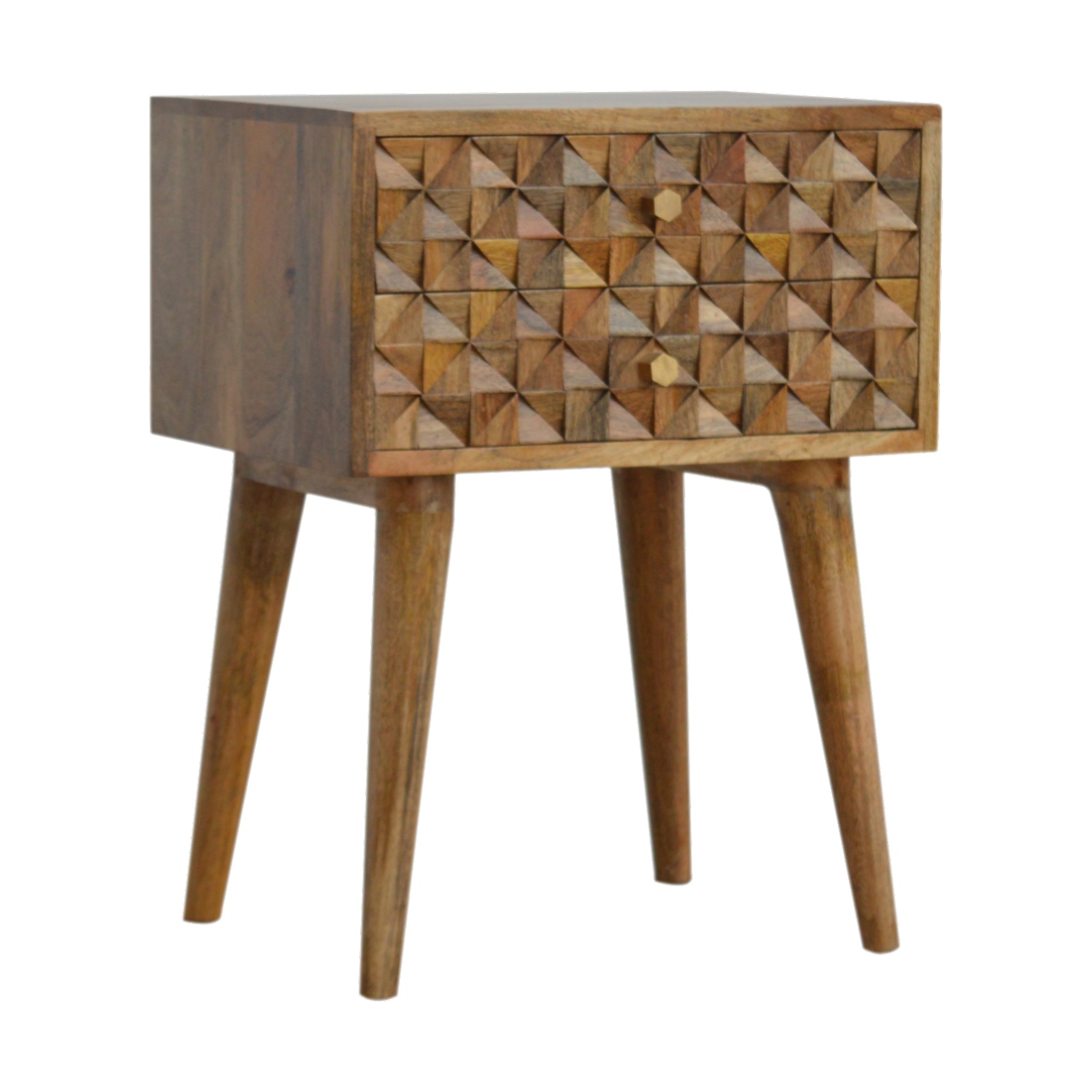 Solid Mango Wood Oak Finished 2 Drawer Diamond Carved Bedside - Image 2