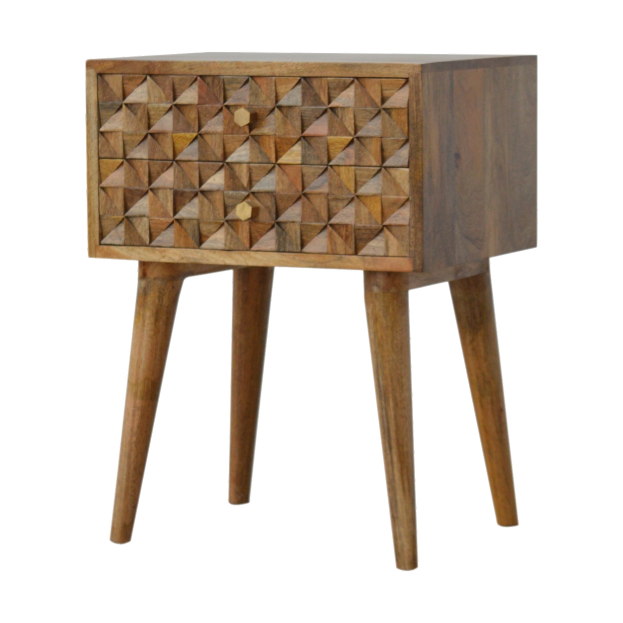 Solid Mango Wood Oak Finished 2 Drawer Diamond Carved Bedside - Image 3