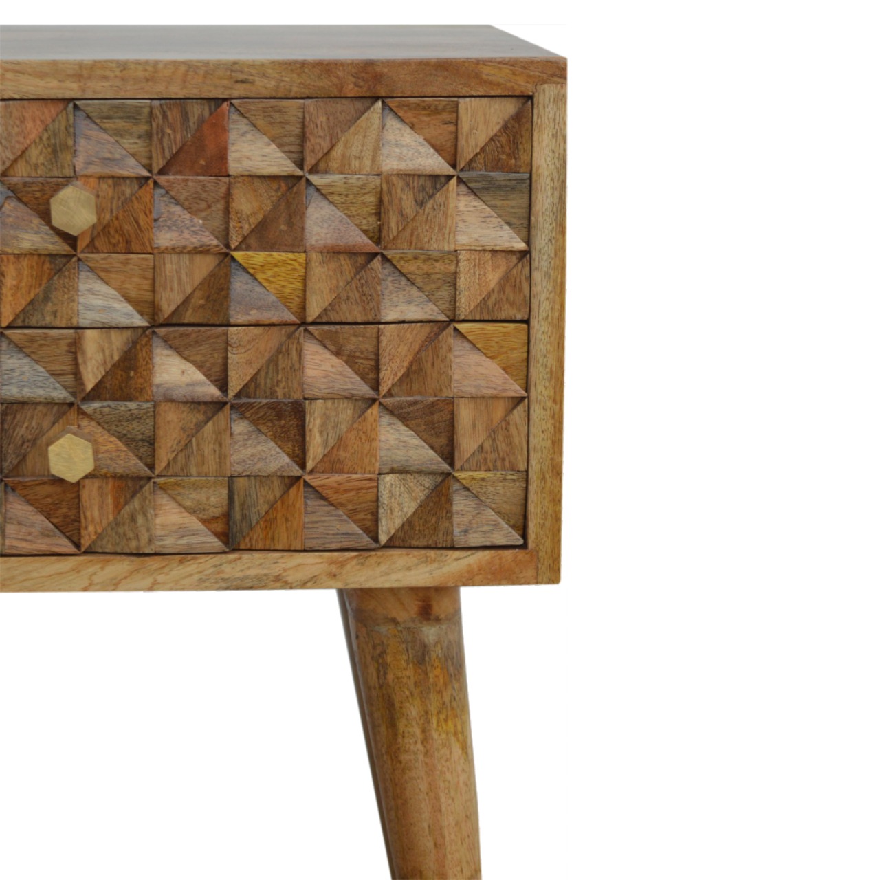 Solid Mango Wood Oak Finished 2 Drawer Diamond Carved Bedside - Image 4