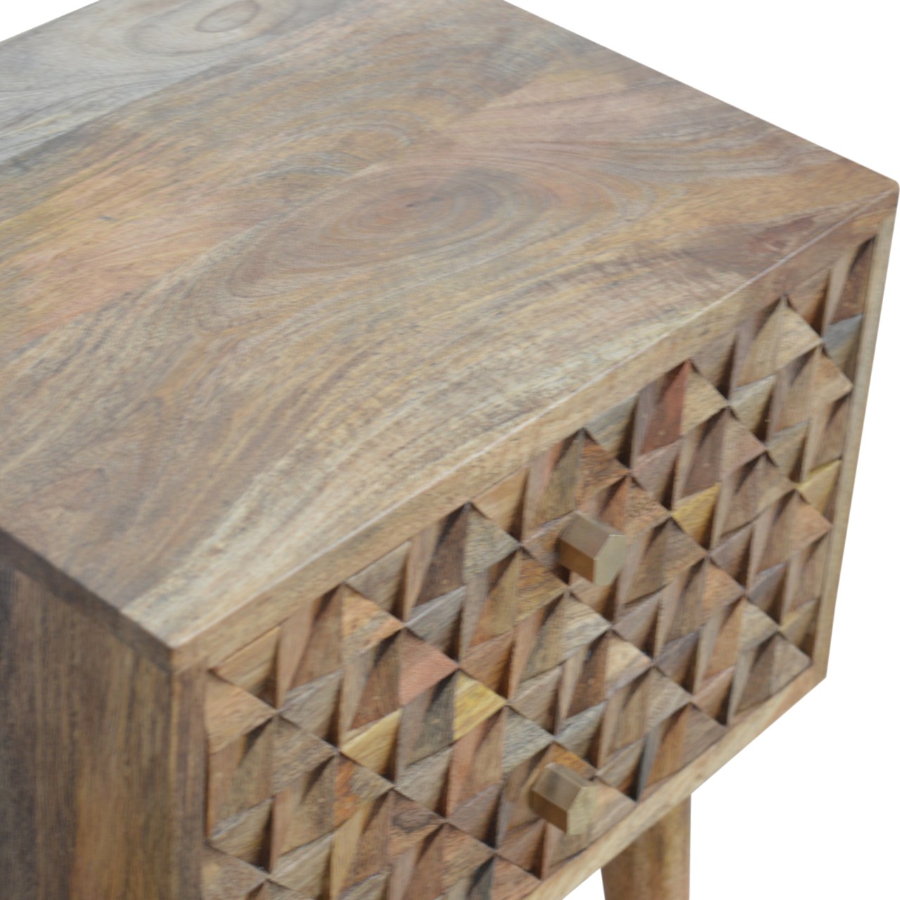 Solid Mango Wood Oak Finished 2 Drawer Diamond Carved Bedside - Image 5