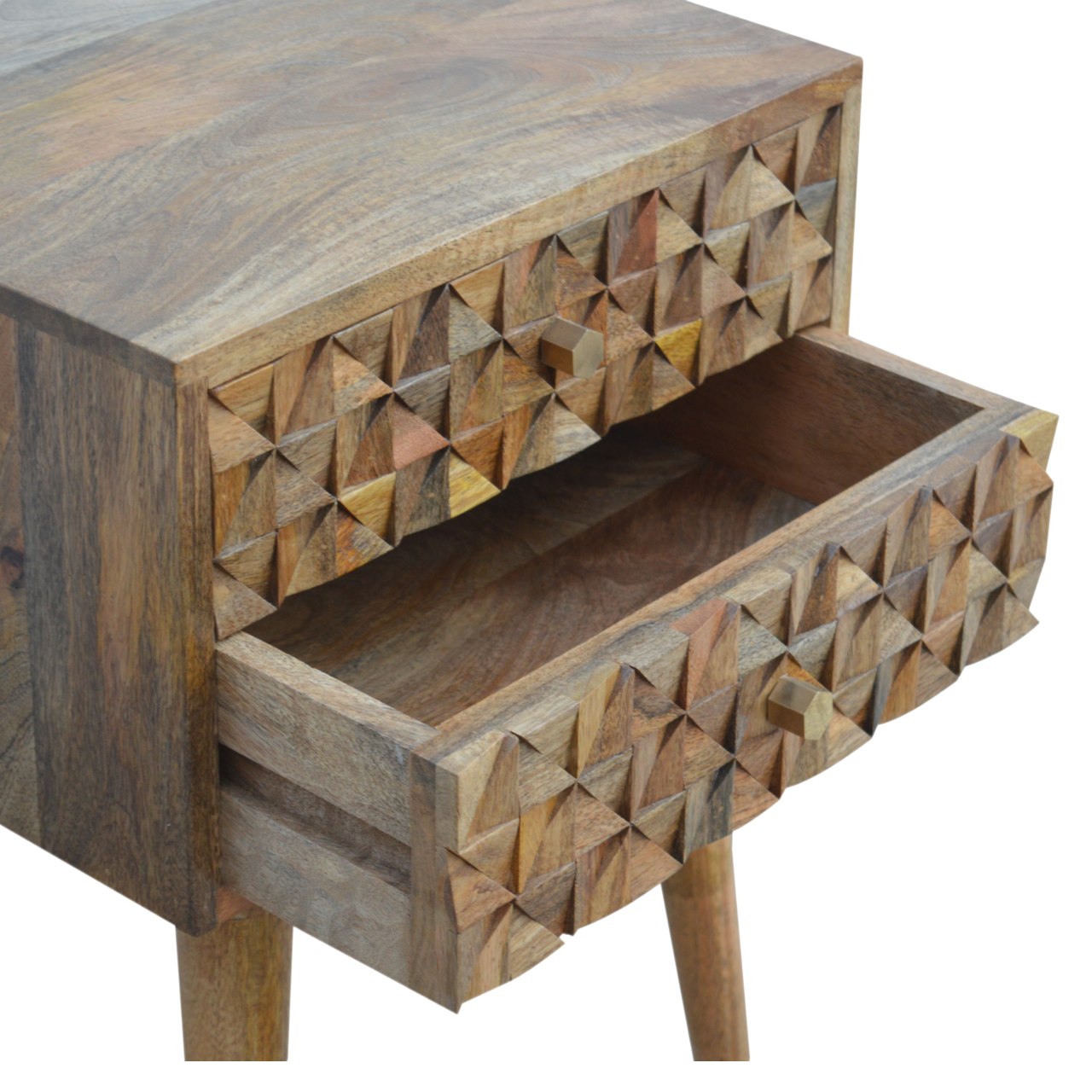 Solid Mango Wood Oak Finished 2 Drawer Diamond Carved Bedside - Image 6