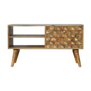 Solid Mango Wood Oak Finished 2 Drawer Diamond Carved Media Unit
