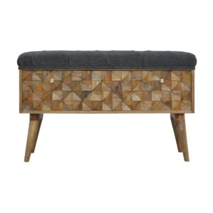 Solid Mango Wood Oak Finished Upholstered in Grey Tweed with Diamond Patterned Bench