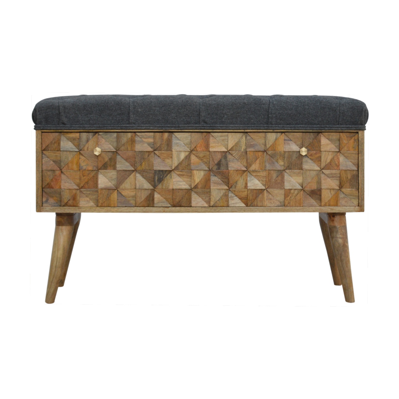 Solid Mango Wood Oak Finished Upholstered in Grey Tweed with Diamond Patterned Bench