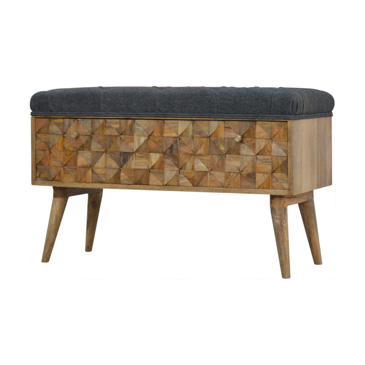 Solid Mango Wood Oak Finished Upholstered in Grey Tweed with Diamond Patterned Bench - Image 2