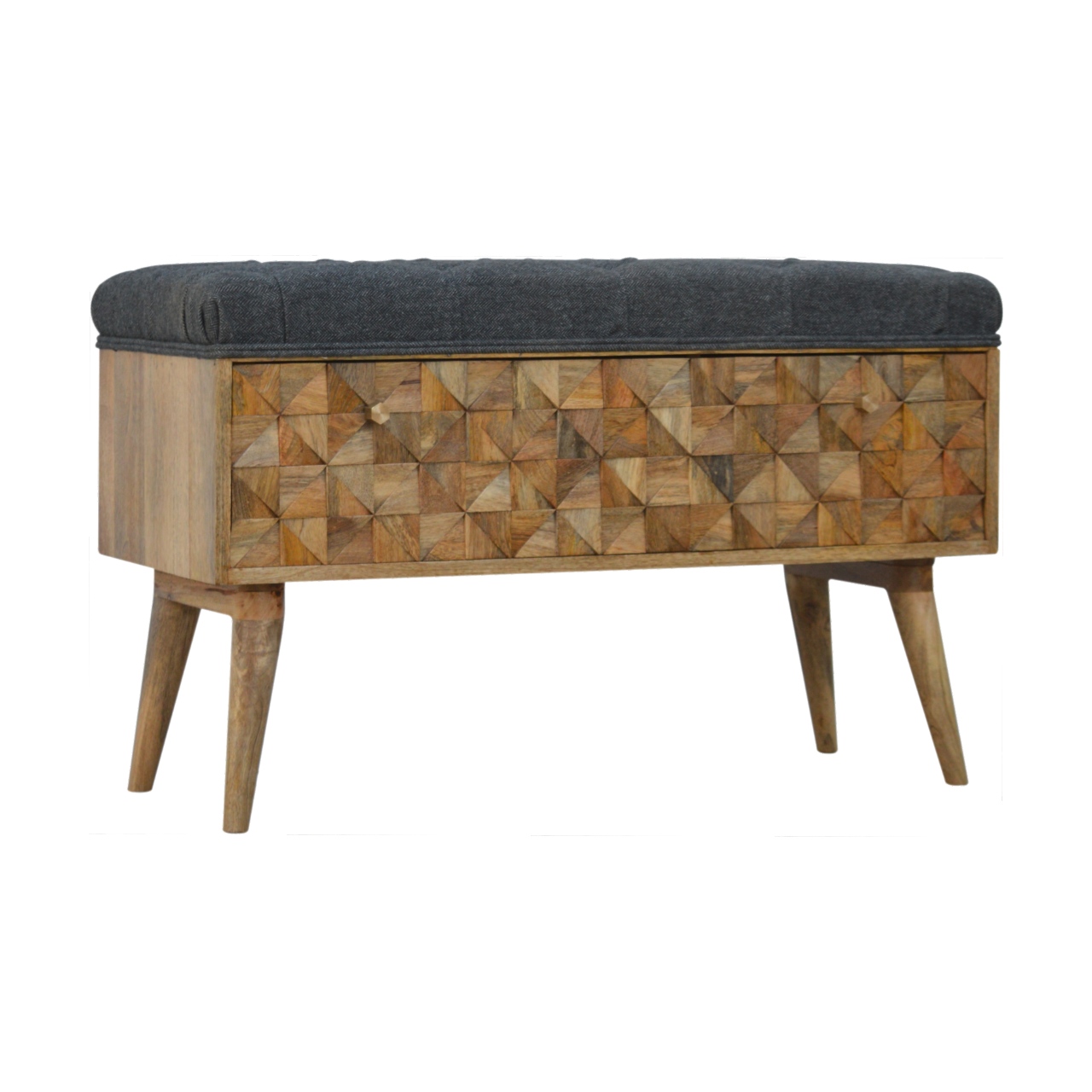 Solid Mango Wood Oak Finished Upholstered in Grey Tweed with Diamond Patterned Bench - Image 3