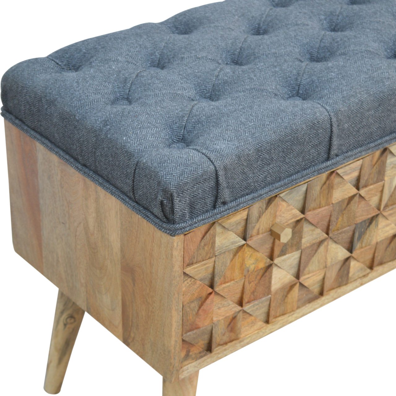 Solid Mango Wood Oak Finished Upholstered in Grey Tweed with Diamond Patterned Bench - Image 4