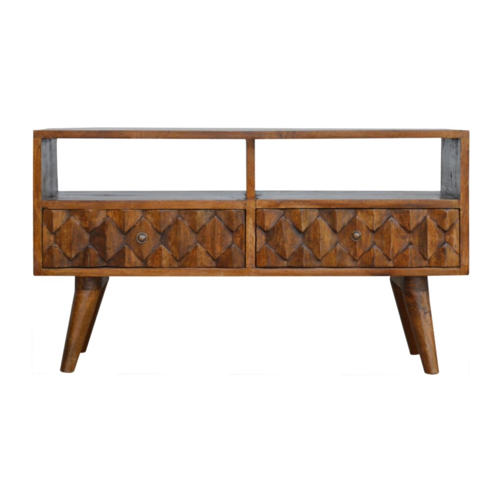 Solid Mango Wood Chestnut Finished 2 Drawers 2 Slots Pineapple Carved Media Unit