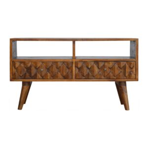 Solid Mango Wood Chestnut Finished 2 Drawers 2 Slots Pineapple Carved Media Unit