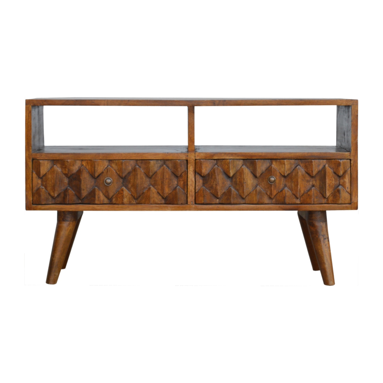 Solid Mango Wood Chestnut Finished 2 Drawers 2 Slots Pineapple Carved Media Unit