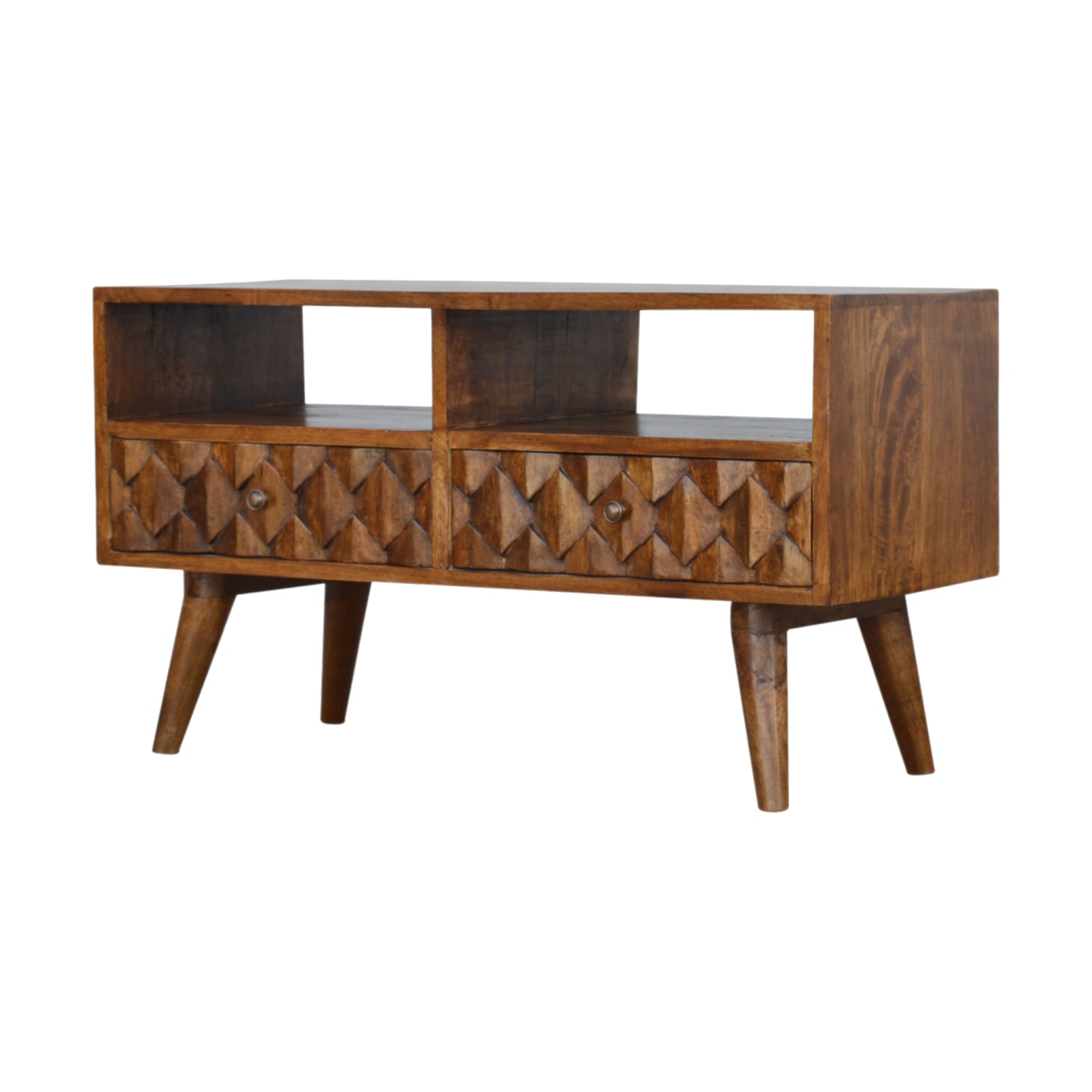 Solid Mango Wood Chestnut Finished 2 Drawers 2 Slots Pineapple Carved Media Unit - Image 3