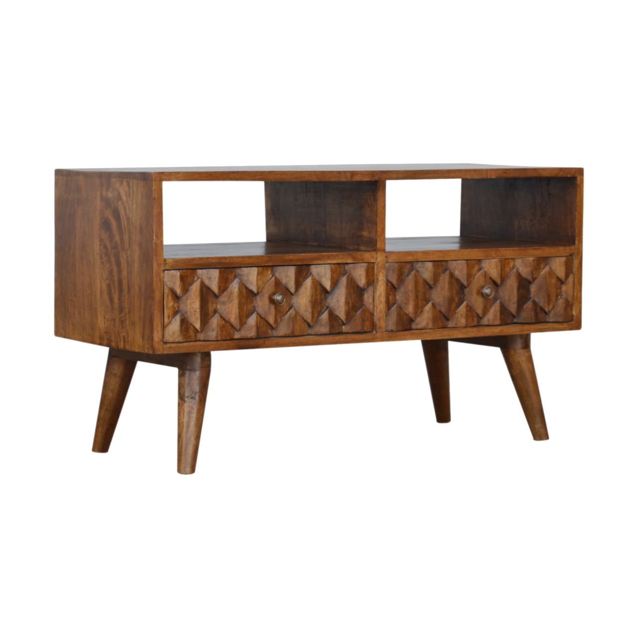 Solid Mango Wood Chestnut Finished 2 Drawers 2 Slots Pineapple Carved Media Unit - Image 2