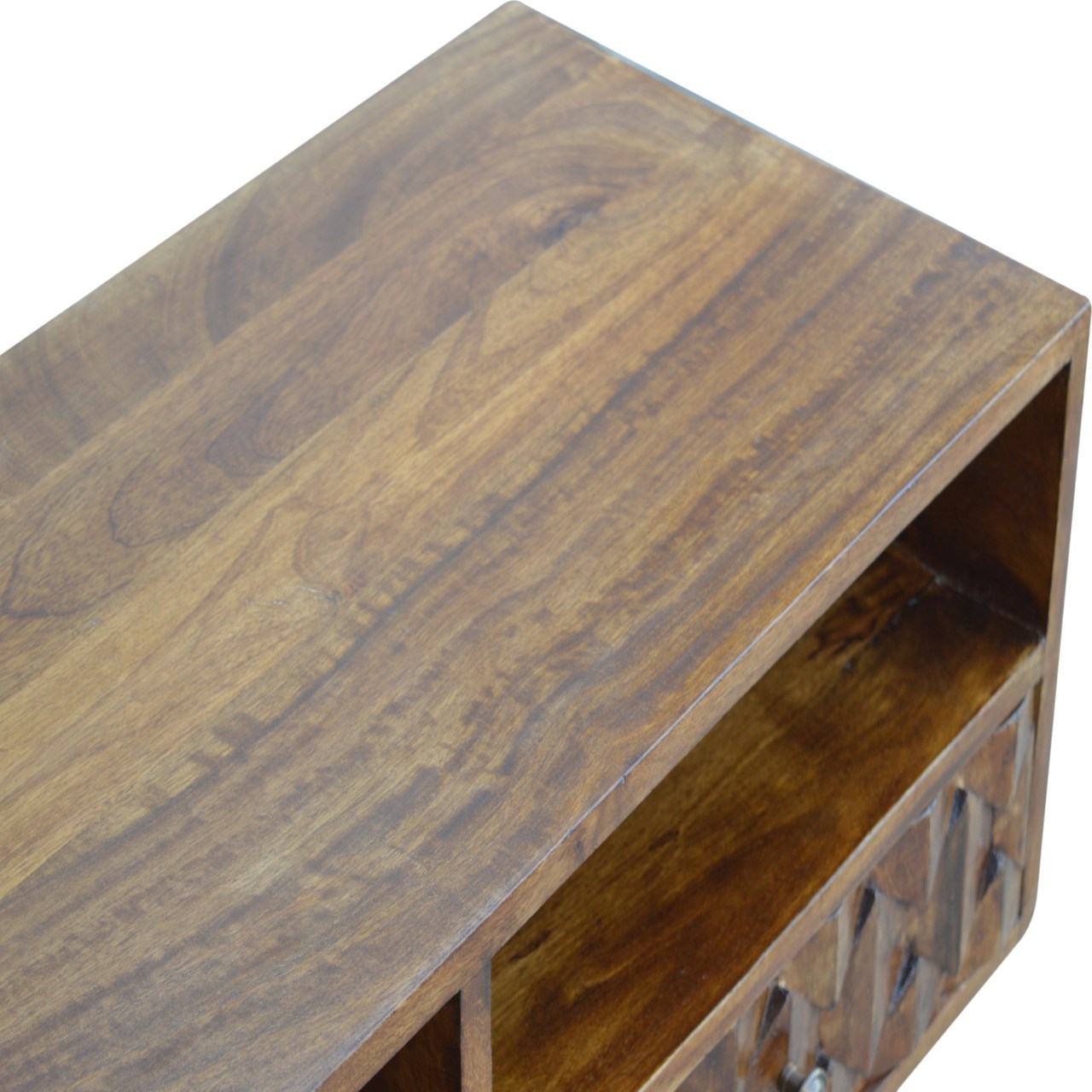 Solid Mango Wood Chestnut Finished 2 Drawers 2 Slots Pineapple Carved Media Unit - Image 5