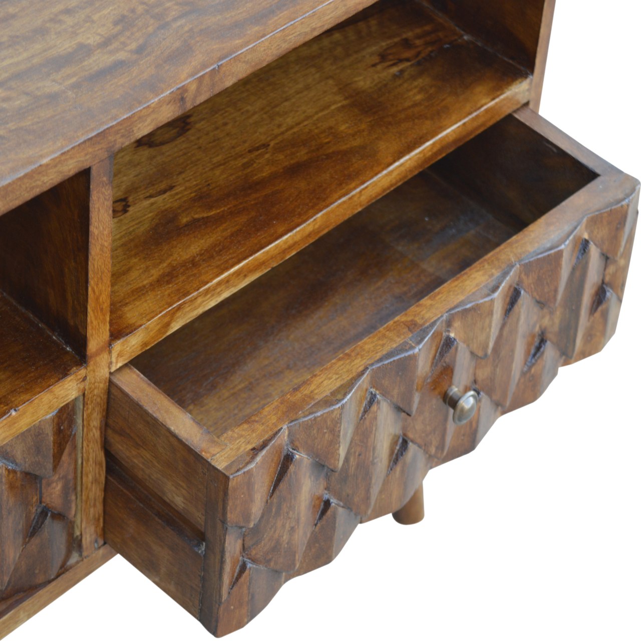 Solid Mango Wood Chestnut Finished 2 Drawers 2 Slots Pineapple Carved Media Unit - Image 4