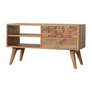 Solid Mango Wood Oak Finished 2 Drawer 2 Slot Tile Carved TV Unit