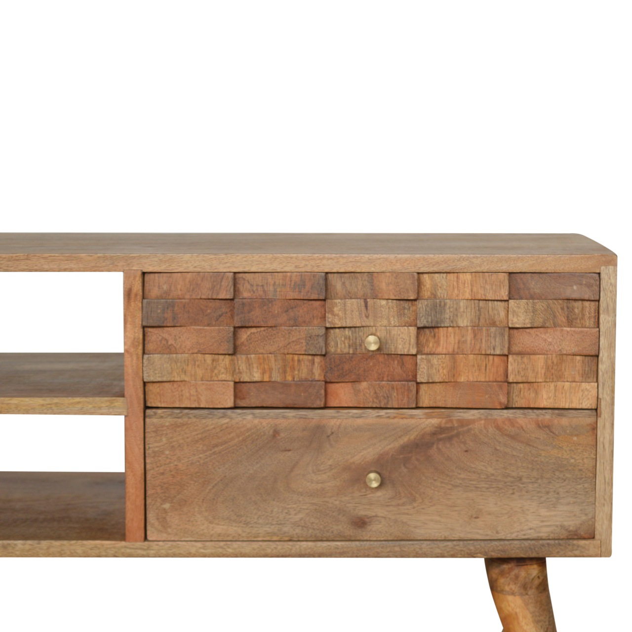 Solid Mango Wood Oak Finished 2 Drawer 2 Slot Tile Carved TV Unit - Image 3