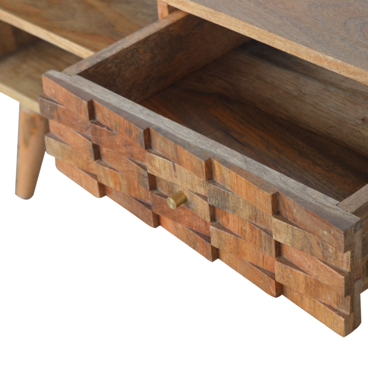 Solid Mango Wood Oak Finished 2 Drawer 2 Slot Tile Carved TV Unit - Image 5
