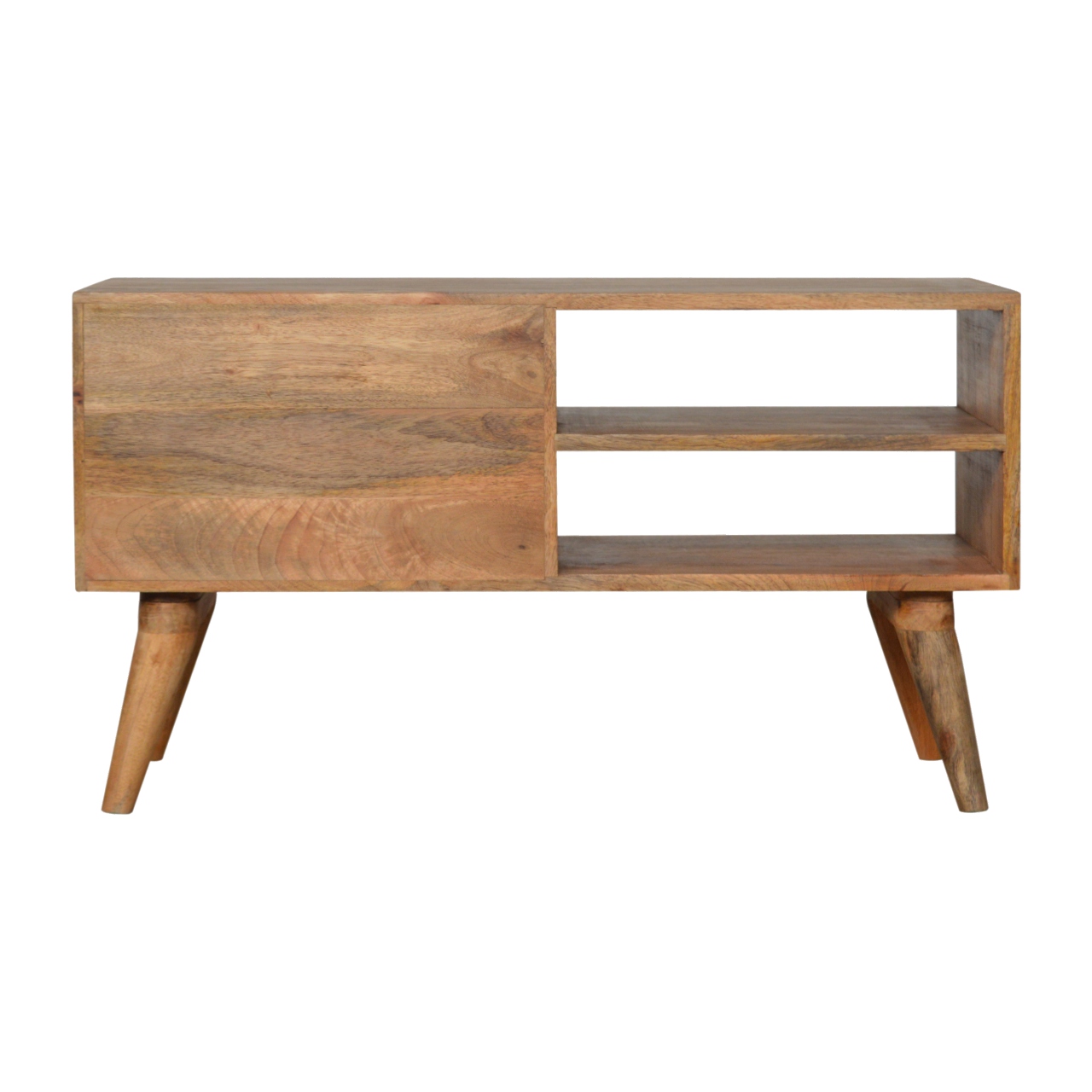 Solid Mango Wood Oak Finished 2 Drawer 2 Slot Tile Carved TV Unit - Image 8