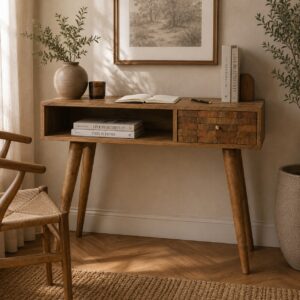 Solid Mango Wood Oak Finished 1 Tile Front Drawer 1 Slot Desk