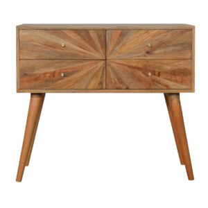 Solid Mango Wood Oak Finished 4 Drawer Sunrise Patterned Console Table