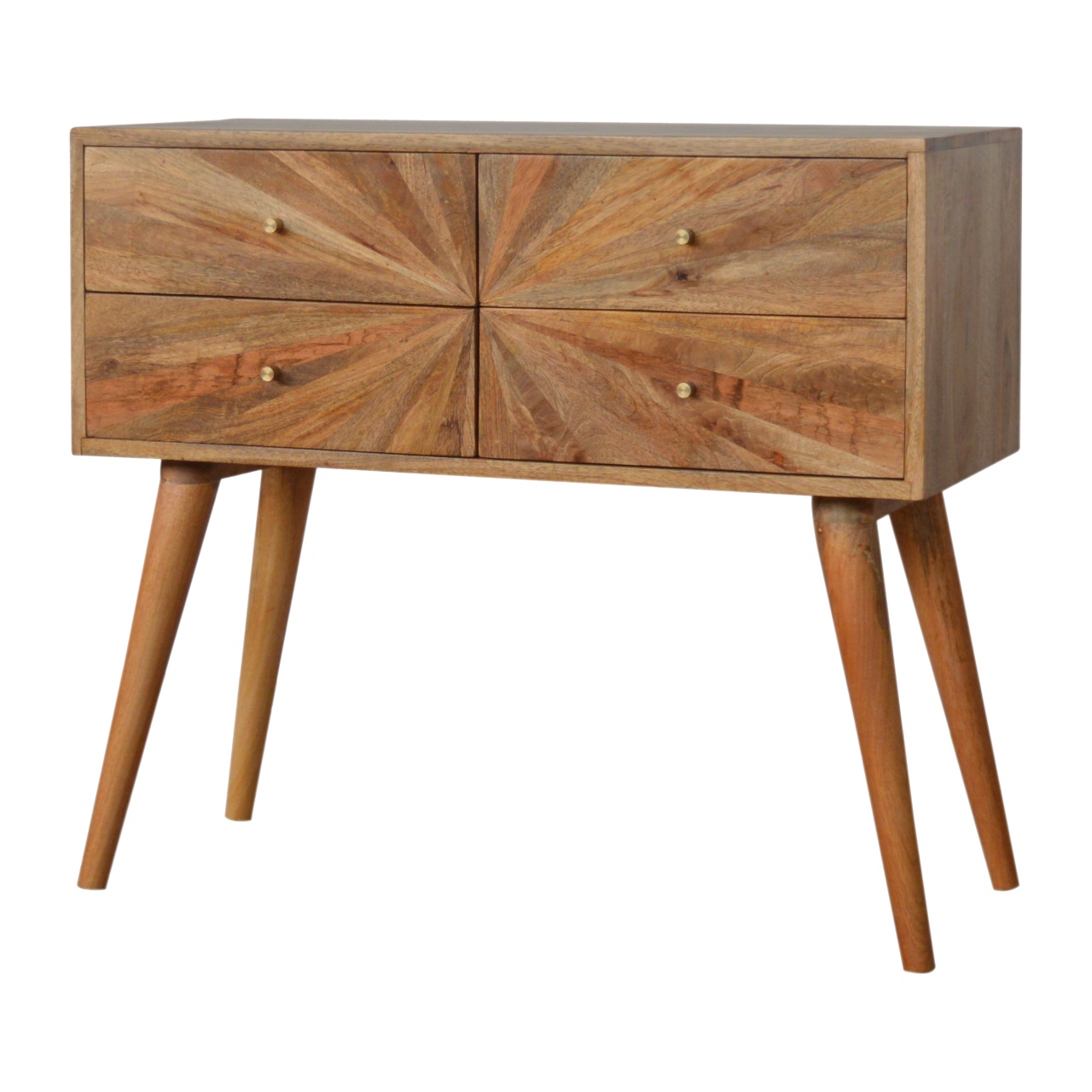 Solid Mango Wood Oak Finished 4 Drawer Sunrise Patterned Console Table - Image 2