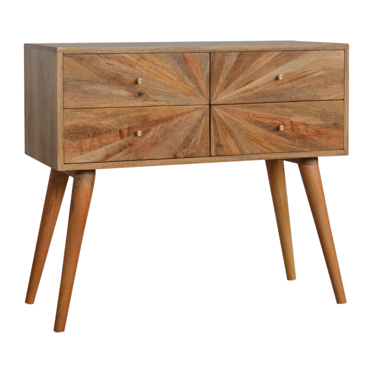 Solid Mango Wood Oak Finished 4 Drawer Sunrise Patterned Console Table - Image 3