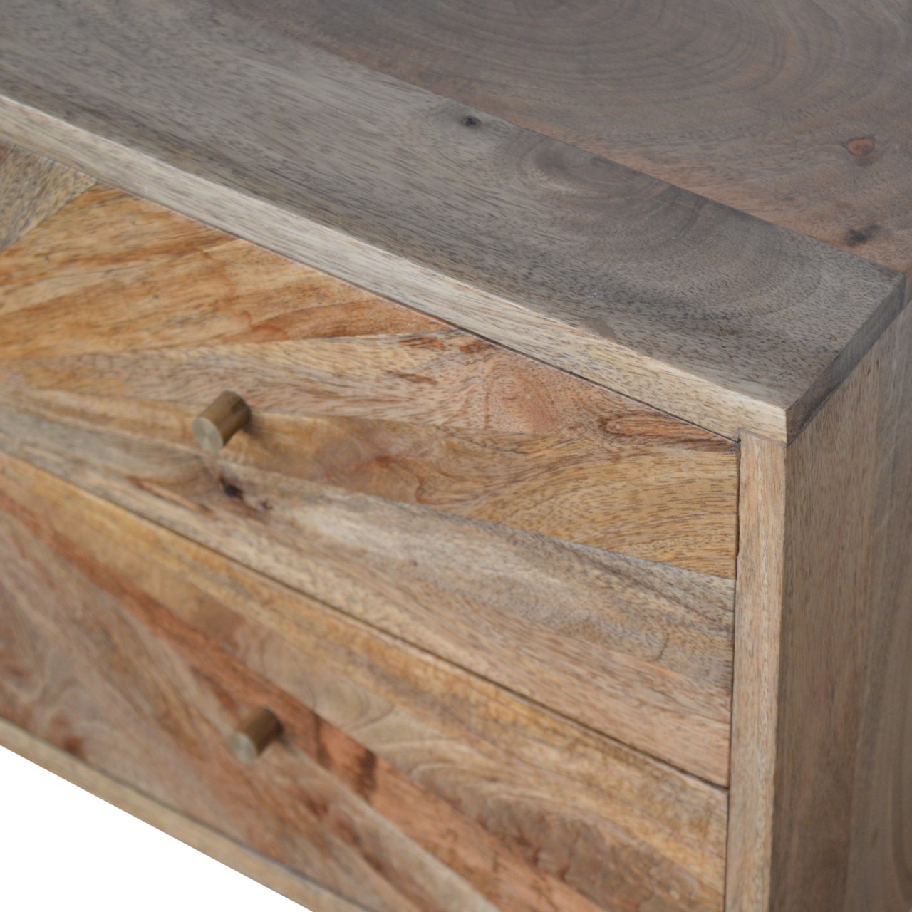 Solid Mango Wood Oak Finished 4 Drawer Sunrise Patterned Console Table - Image 4