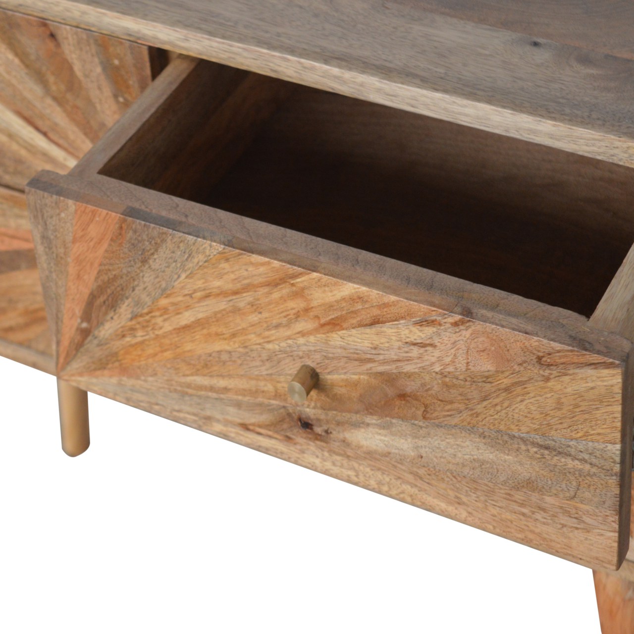 Solid Mango Wood Oak Finished 4 Drawer Sunrise Patterned Console Table - Image 7