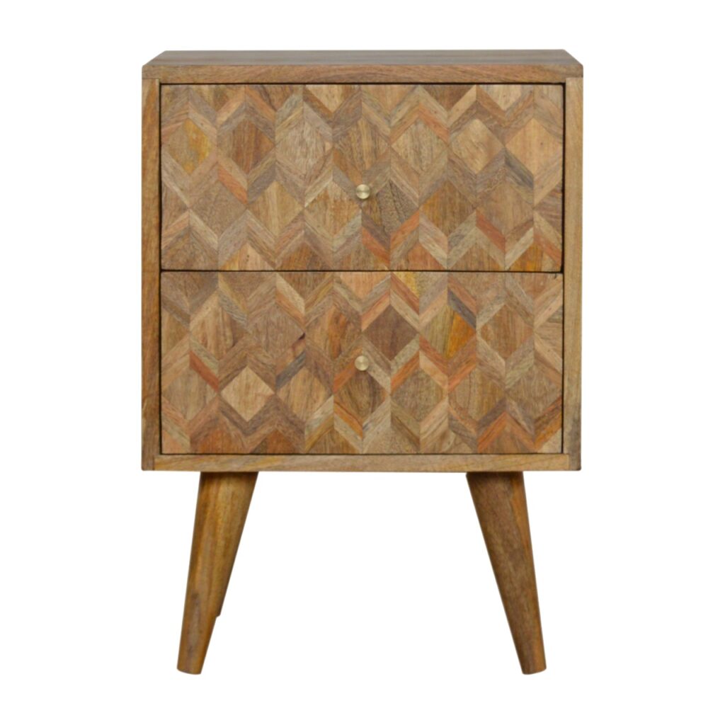 Solid Mango Wood Oak Finished 2 Drawer Patterned Bedside