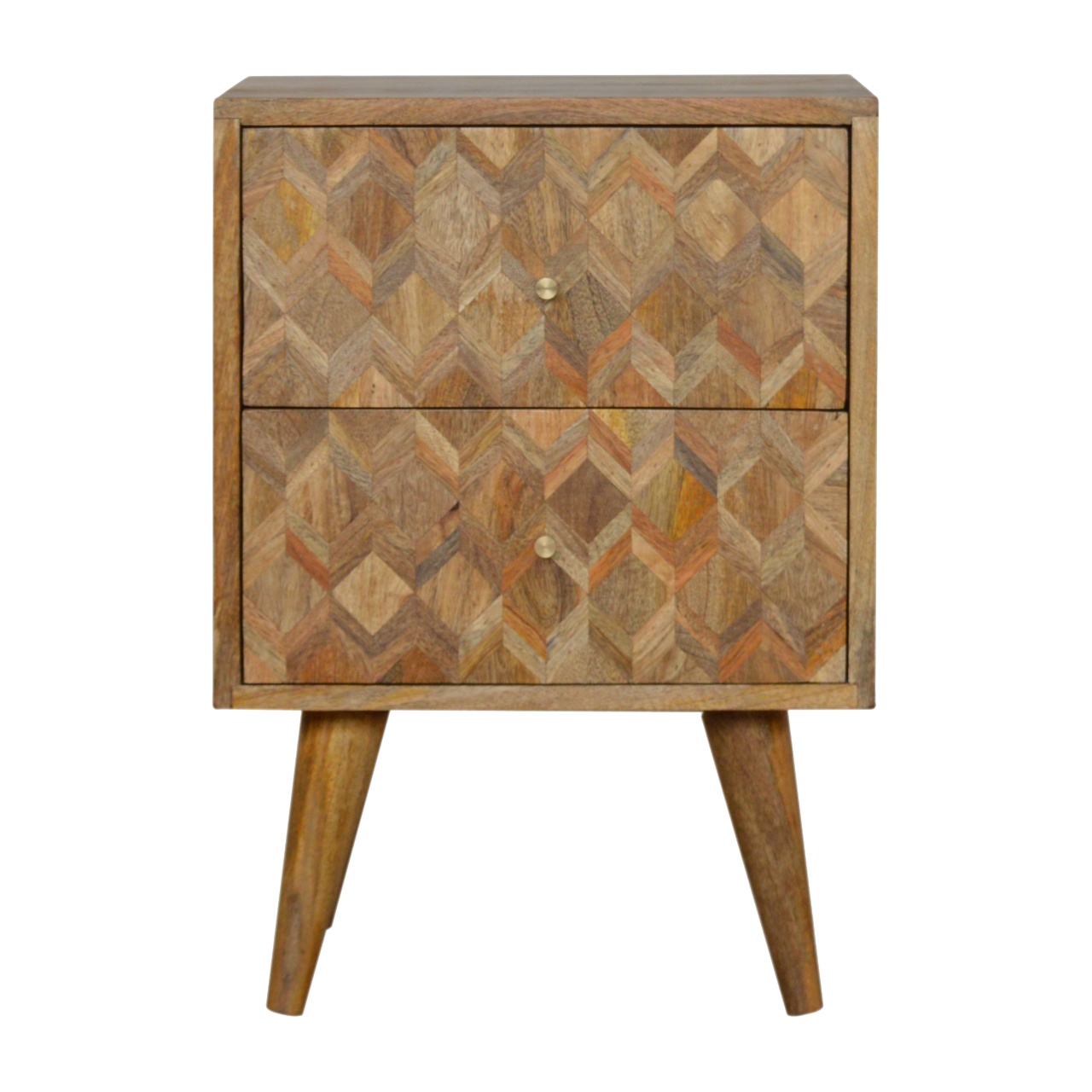 Solid Mango Wood Oak Finished 2 Drawer Patterned Bedside