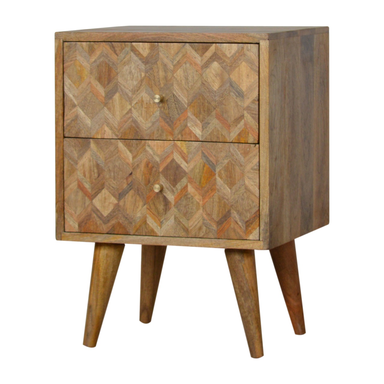 Solid Mango Wood Oak Finished 2 Drawer Patterned Bedside - Image 2