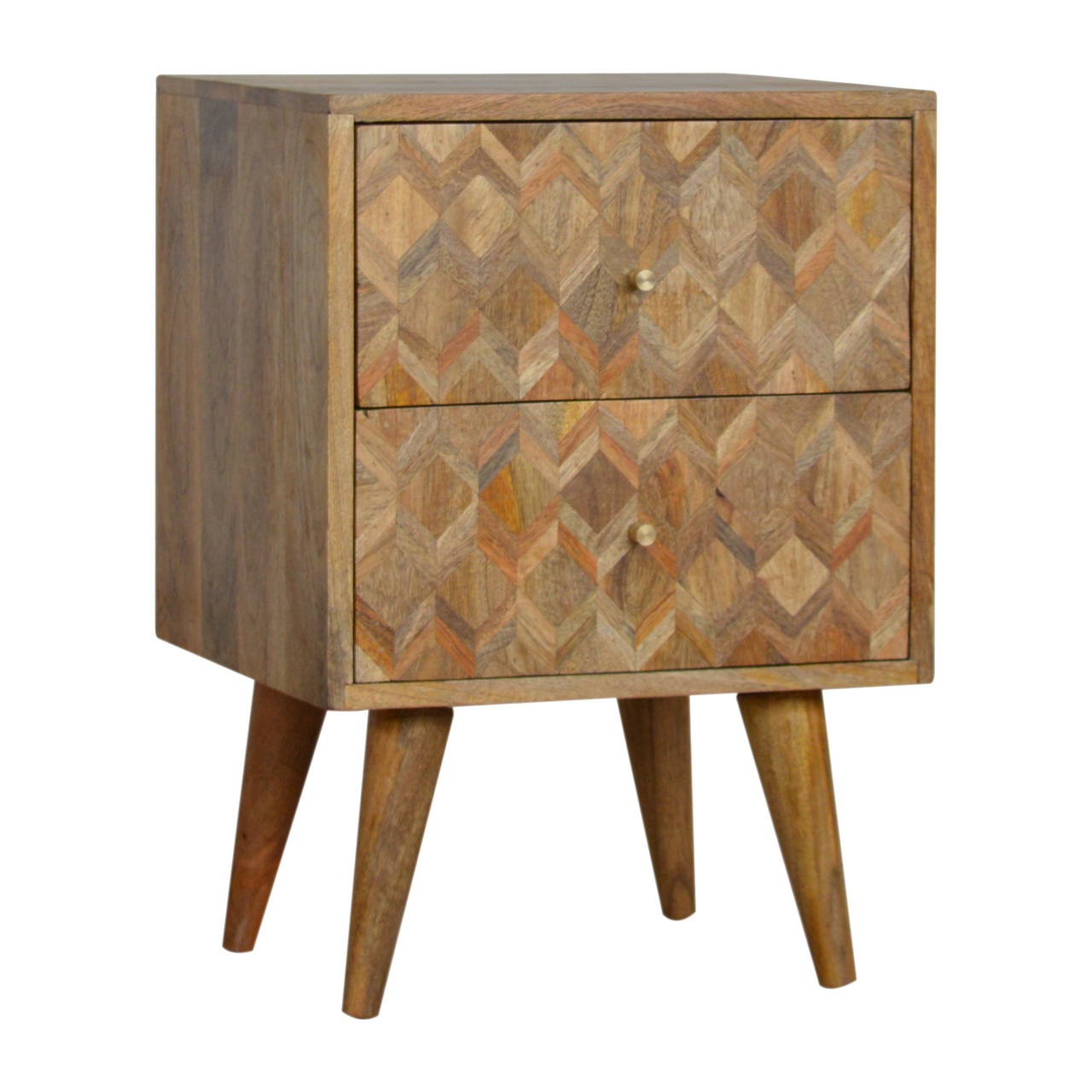 Solid Mango Wood Oak Finished 2 Drawer Patterned Bedside - Image 3