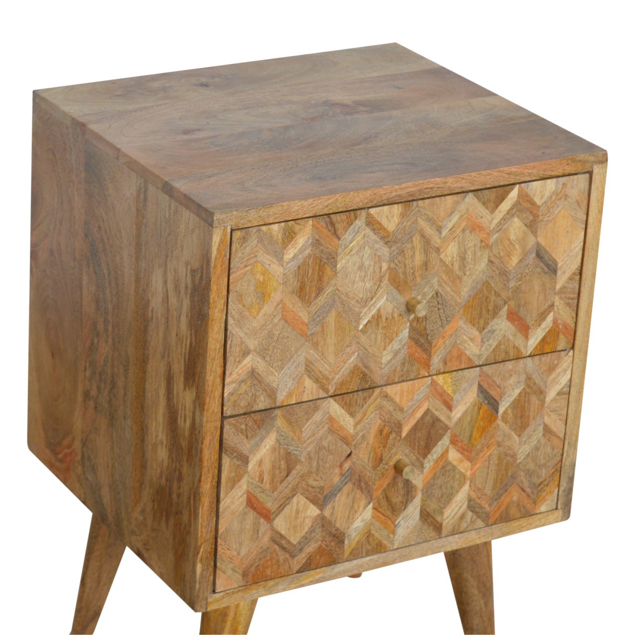Solid Mango Wood Oak Finished 2 Drawer Patterned Bedside - Image 4