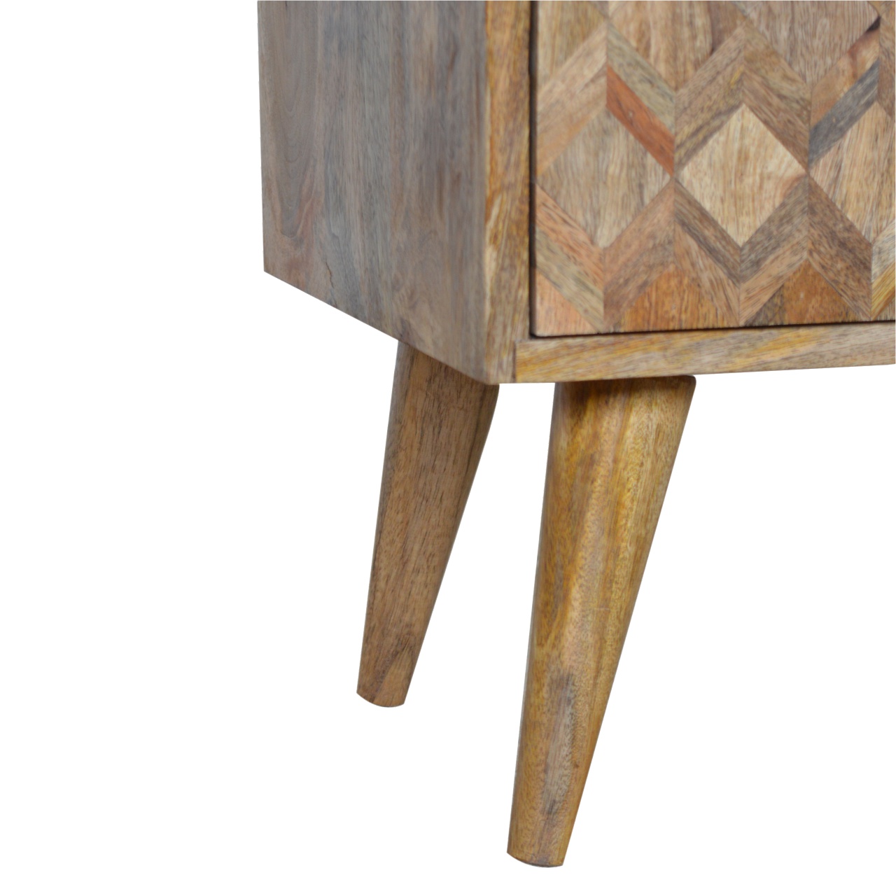 Solid Mango Wood Oak Finished 2 Drawer Patterned Bedside - Image 6