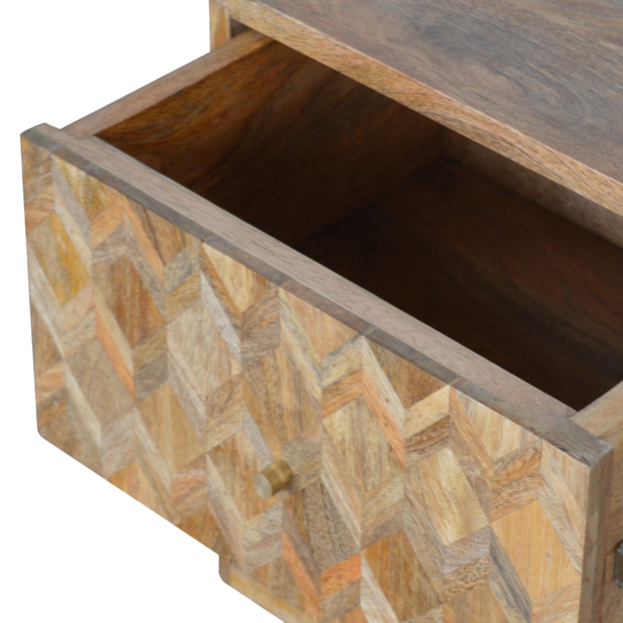 Solid Mango Wood Oak Finished 2 Drawer Patterned Bedside - Image 7